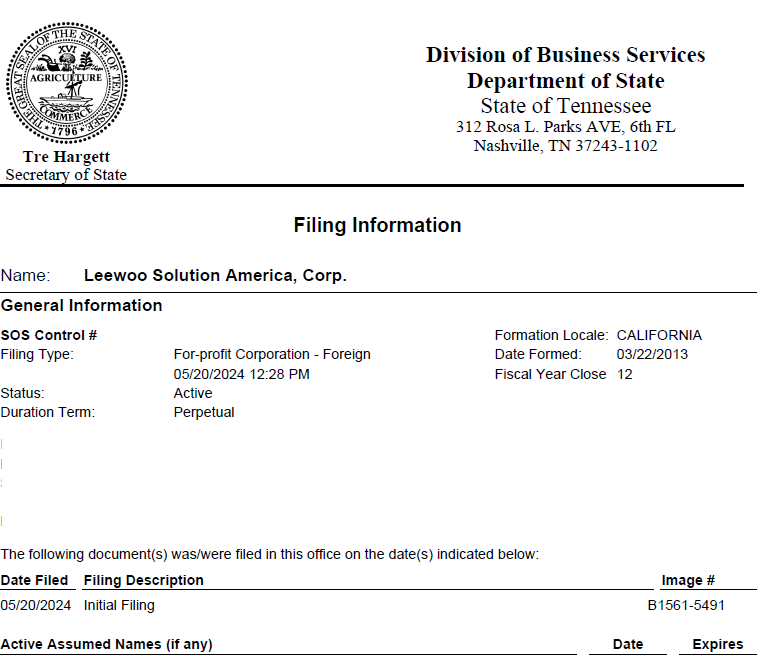 Tennessee Certificate of Filing