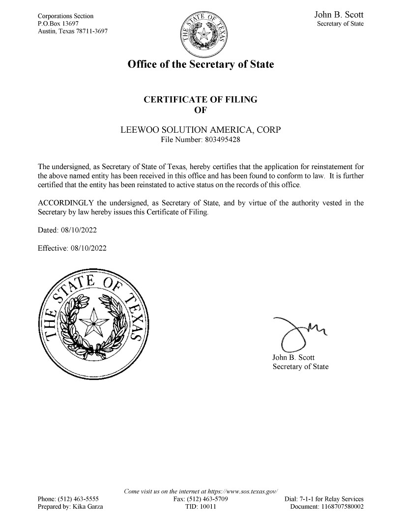 Texas Certificate of Filing (Reinstatement)